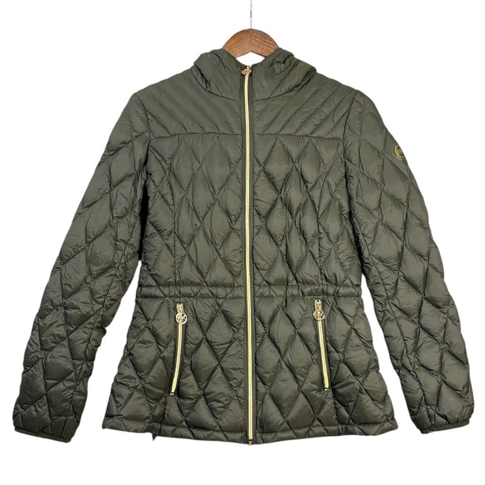 Michael Kors Womens Packable Down Puffer Jacket S Olive Green Hooded Quilted